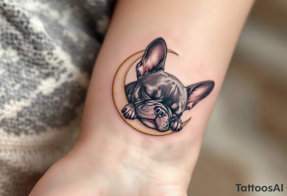 Sleeping French Bulldog on a crescent moon, dreamy pose in black and gray ink, with gold accents on the moon edges. tattoo idea