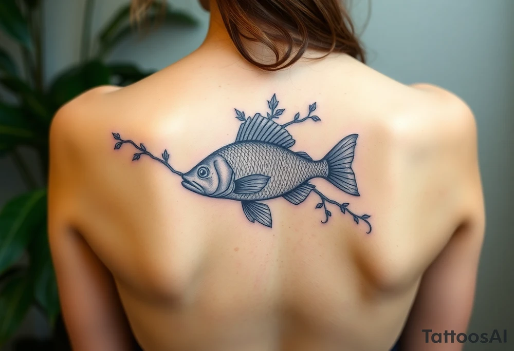 Fish intertwined with climbing vines and thorny vines tattoo idea