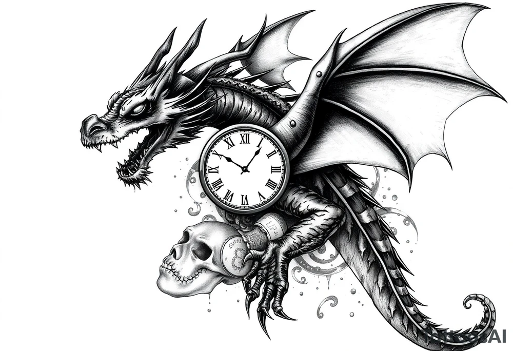 Dark dragon tattoo with clock, dollars and cancer zodiac sign on background tattoo idea