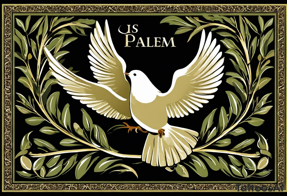 Dove soring through the air clasping an olive branch in its talons. The olive branch is fluttering in the wind with leaves from the branch floating behind the dove. The leaves transform into spear heads the further away from the dove they get. The words 'Si vis Pacem, para bellum' is boldly transcribed underneath the scene tattoo idea