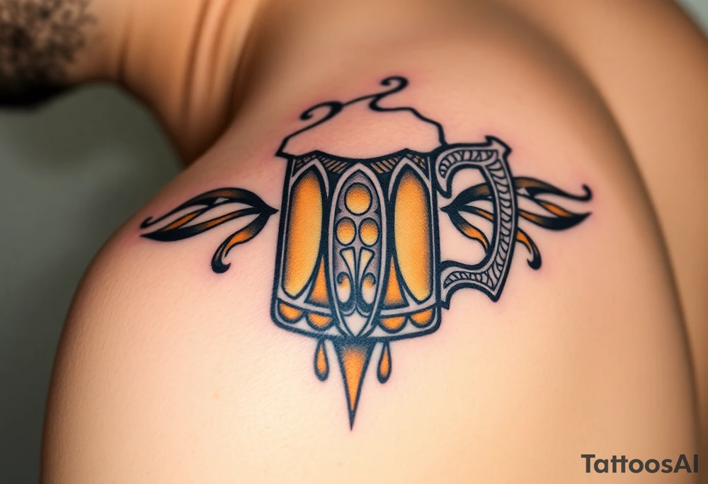 A frothy golden beer mug with condensation droplets, featuring intricate woodgrain textures on the handle tattoo idea