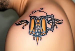 A frothy golden beer mug with condensation droplets, featuring intricate woodgrain textures on the handle tattoo idea