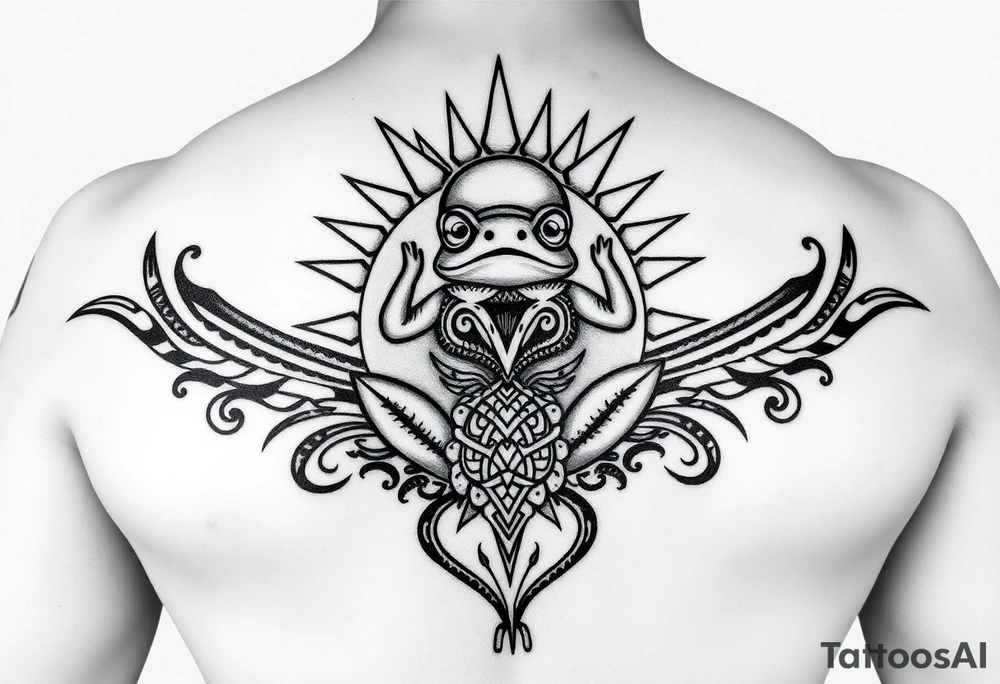 [ Elbow Cap ]
↑   Sun with tribal rays wrapping around
↑   Shark tooth band & wave divider
↑   Central panel: Coquí frog in tribal style
↑   Spiral swirl (Taíno) near vein-side
↑   Marquesan-style fish scale panel
↑   Zemi spirit mask or face
↑   Spearhead band near wrist
[ Wrist ] tattoo idea