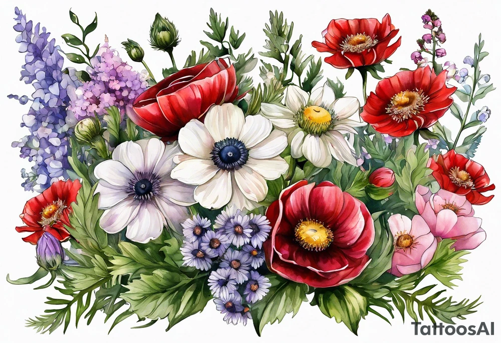 wildflowers with thistles, ferns, ranuculus, white anemones, sun flowers, red flowers, pink flowers, purple flowers, buttercups, babys breath, daisies, and greenery all in watercolor tattoo idea