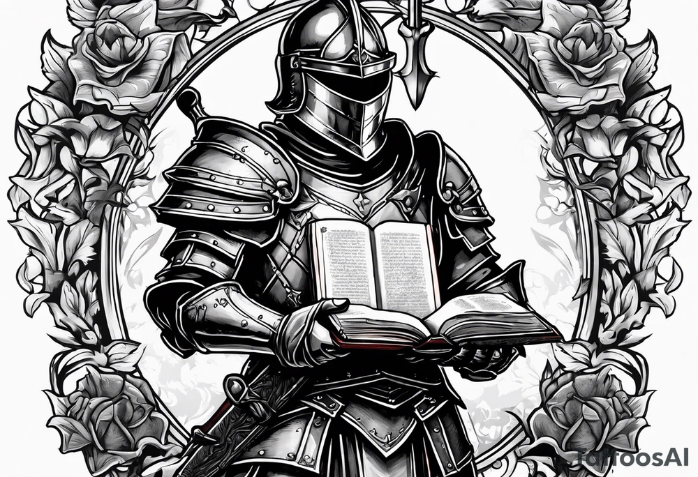 knight holding a bible over his head in combat with both hands tattoo idea