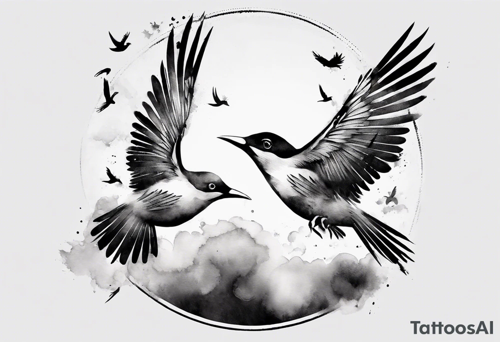 shoulder tattoo with light rays with birds flying free among the clouds, round shape, 3d effect tattoo idea