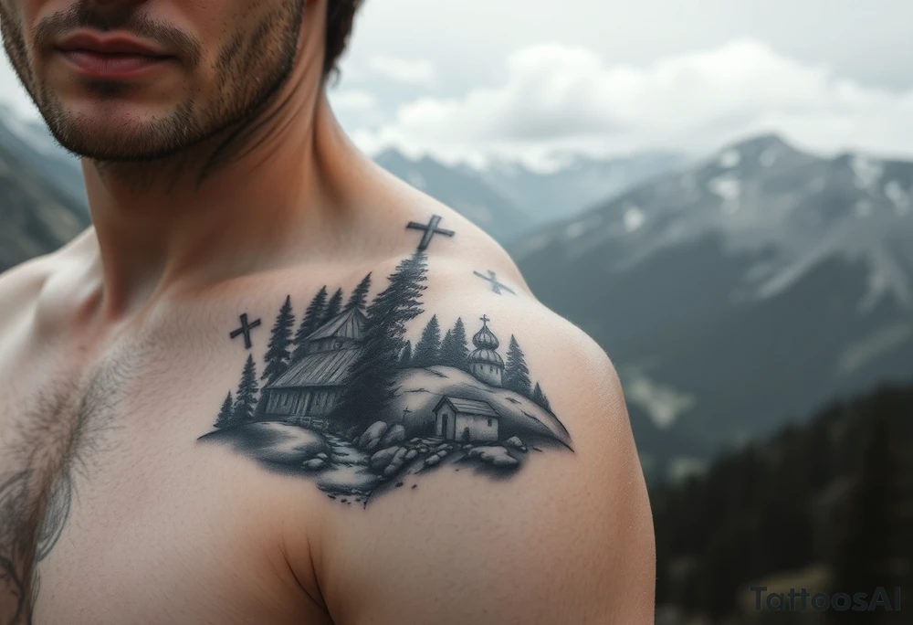 Mountainous valley with creek and a few trees with a Russian orthodox kazan scene covering my shoulder entering my upper arm with a Russian orthodox Virgin Mary tattoo idea