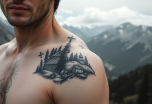 Mountainous valley with creek and a few trees with a Russian orthodox kazan scene covering my shoulder entering my upper arm with a Russian orthodox Virgin Mary tattoo idea