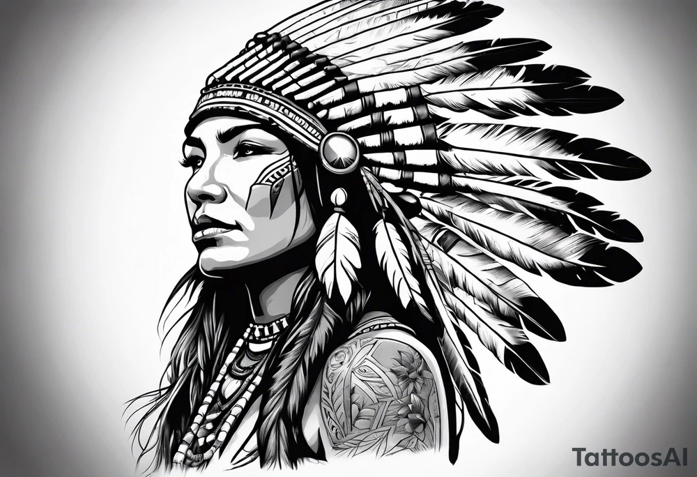 War bonnet Native American, cross nacklace with plants and nature behind her, half sleeve tattoo idea