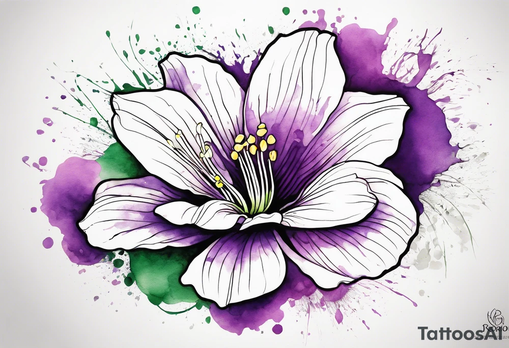 An outline of a rio dipladenia flower with a green/purple watercolor splash in the background tattoo idea