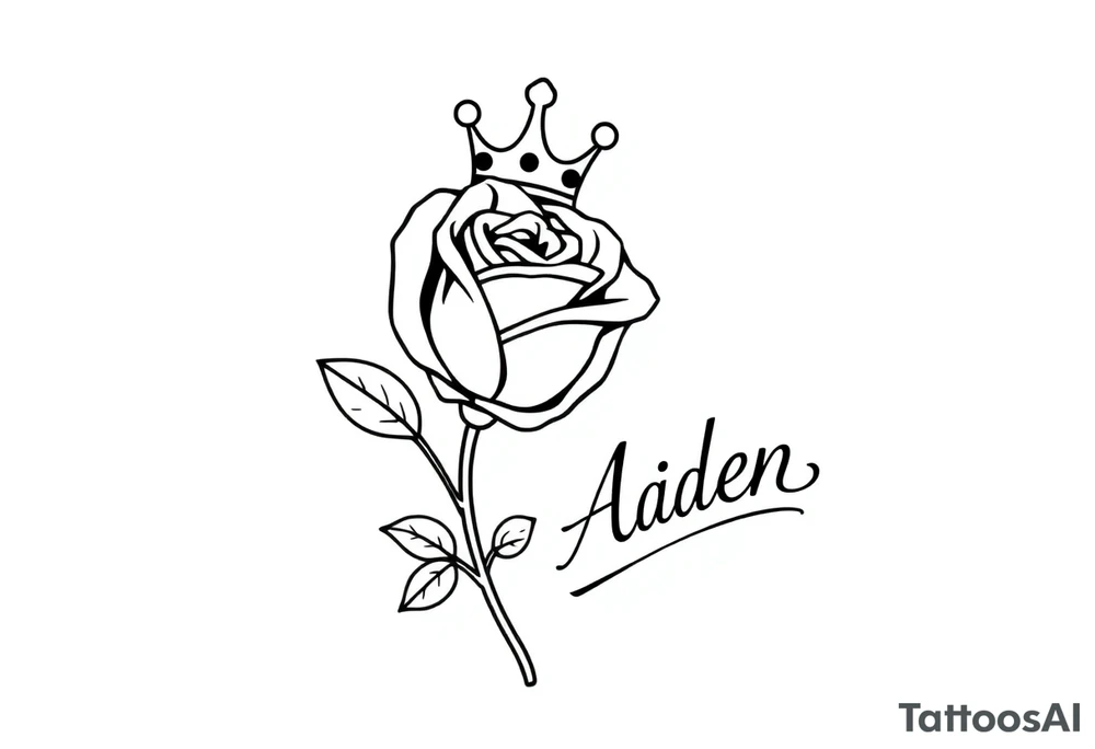 Rose with a kings crown above it and the name Aiden large Infront of it going to the right tattoo idea