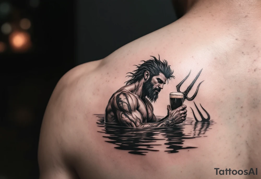 young, fit poseidon in calm water, holding a trident, drinking a beer tattoo idea