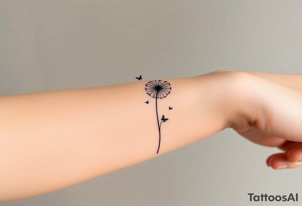 a dandelion and two butterflies flying around it.  some pieces of the dandelion fly tattoo idea