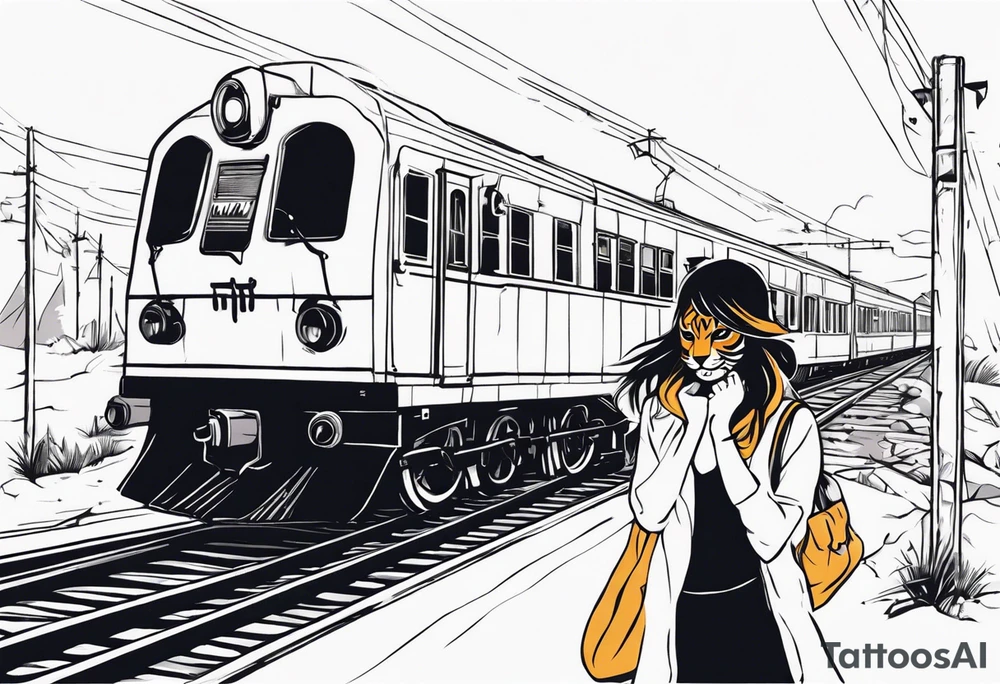 Bells cracking train track in the middle with a girl wearing tiger mask tattoo idea