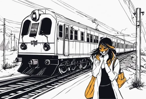 Bells cracking train track in the middle with a girl wearing tiger mask tattoo idea