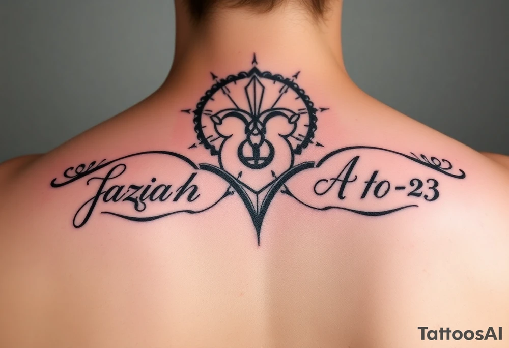 Mother with two sons 1 and half years apart ideas for a women In cursive writing in side crowns the names Joziah   the othe Adian  and thier days numbers in roman numerals joziahs bday is 7-6-21 & Adian is 3-10-23 in roman numerals tattoo idea