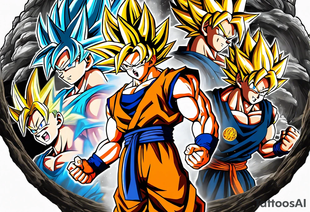 Son-Goku as a super saiyajin . A huge dragonball surrounds the whole scenery. Gokus friends are surrounding him as shadows tattoo idea