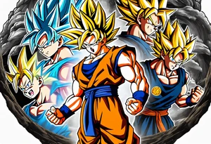 Son-Goku as a super saiyajin . A huge dragonball surrounds the whole scenery. Gokus friends are surrounding him as shadows tattoo idea