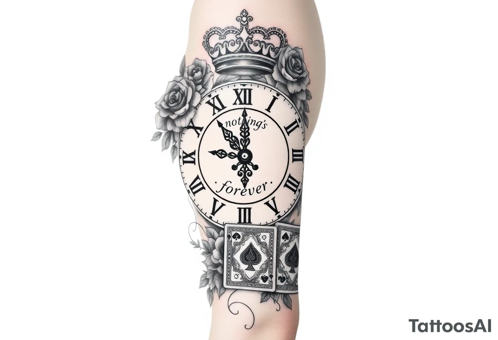 Roman clock with roses and a crown,  a quote that says nothings forever. and on the bottom a deck of cards tattoo idea