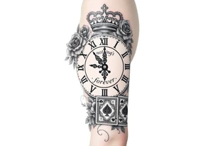 Roman clock with roses and a crown,  a quote that says nothings forever. and on the bottom a deck of cards tattoo idea