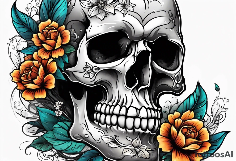 skull with flowers growing on top of its head tattoo idea