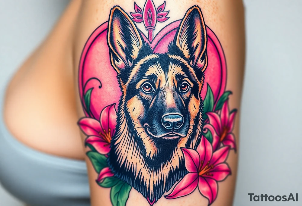 strong short haired german shepherd with alert ears surrounded by pink lilies with large leaves in front of a sacred heart tattoo idea