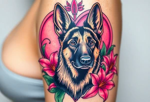 strong short haired german shepherd with alert ears surrounded by pink lilies with large leaves in front of a sacred heart tattoo idea