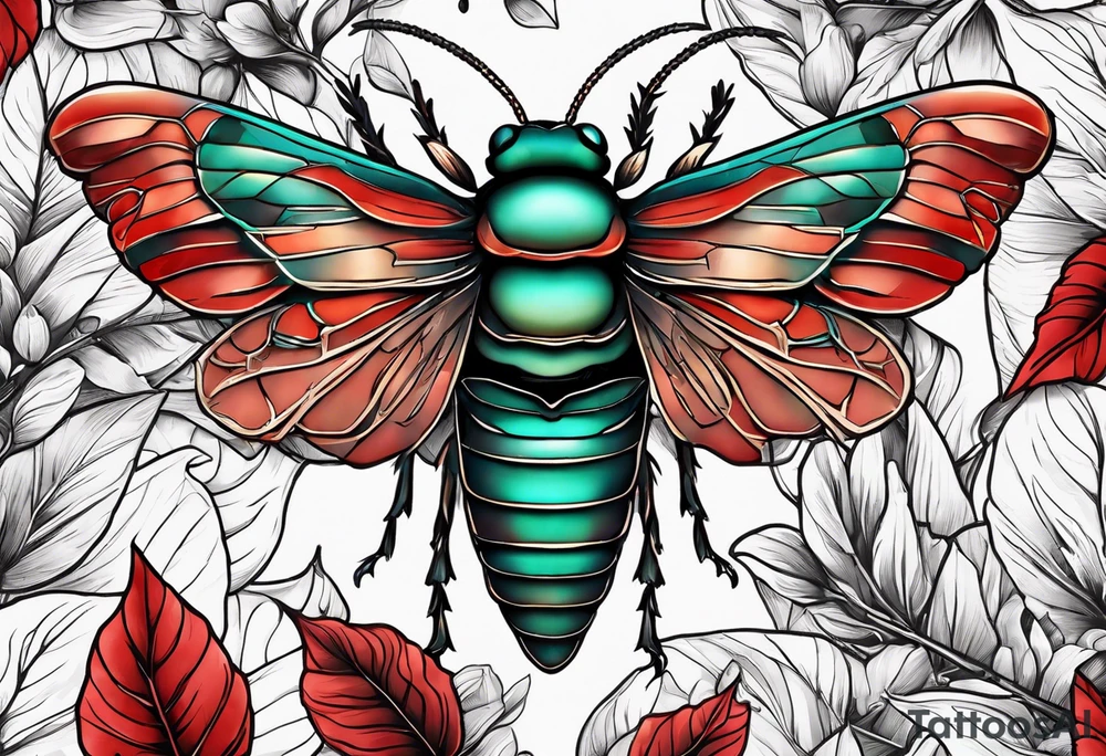 cicada on top of red leaves tattoo idea