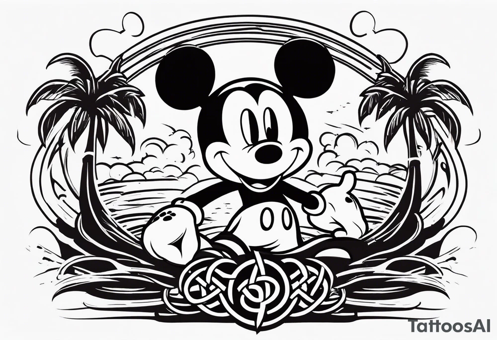 mickey mouse in a lightning storm with palm trees and the celtic symbol for family tattoo idea