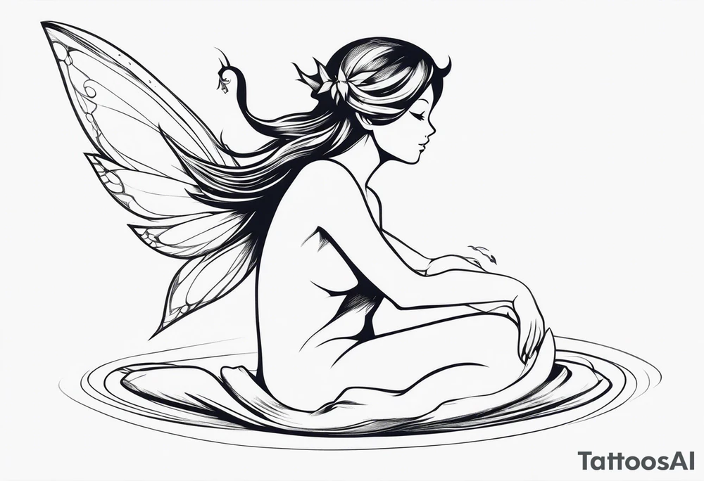 Minimalistic, monochromatic fairy with a tail flying to the left in a fetal position, leaning and looking in the same direction, with visible hands, embodying the 'Fairy Tail' logo aesthetic. tattoo idea
