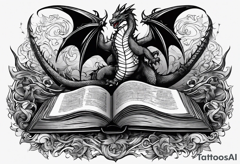 an empty open book with a sword through it, dragons and sparks surrounding the book. small design tattoo idea