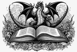 an empty open book with a sword through it, dragons and sparks surrounding the book. small design tattoo idea