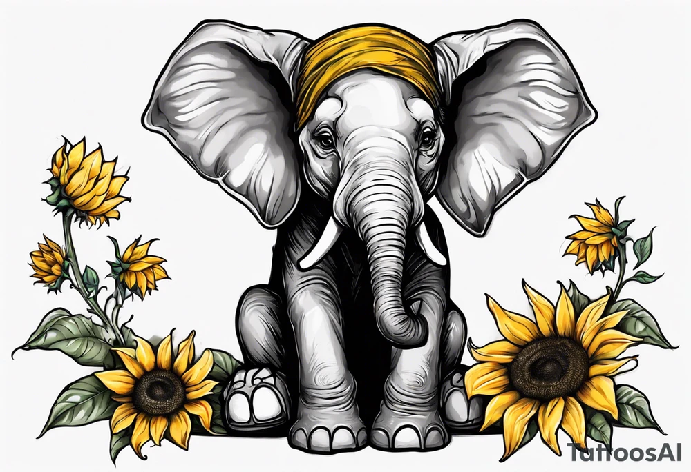 Sitting young elephant with trunk raised in air with sunflowers around it tattoo idea