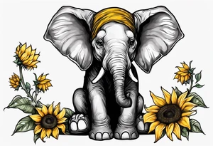 Sitting young elephant with trunk raised in air with sunflowers around it tattoo idea