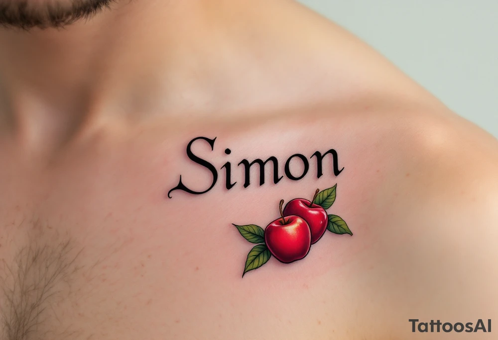 Simon in a bold, classic font, framed by vibrant red apples and green leaves. tattoo idea