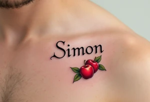 Simon in a bold, classic font, framed by vibrant red apples and green leaves. tattoo idea
