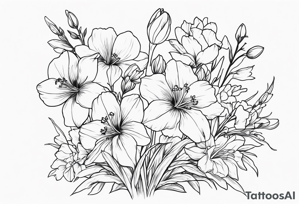 a tall, vertical minimalist style line art tattoo of a bouquet of violets, daffodils, gladiolus, and cosmos tattoo idea