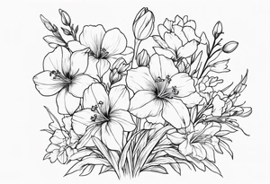 a tall, vertical minimalist style line art tattoo of a bouquet of violets, daffodils, gladiolus, and cosmos tattoo idea