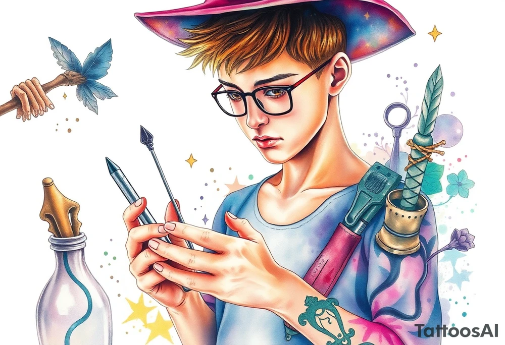 Young guy is exploring witch supplies, tools, equipment tattoo idea
