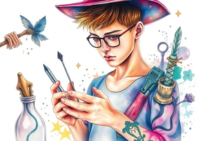 Young guy is exploring witch supplies, tools, equipment tattoo idea