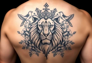 powerful majestic lion with a crown, surrounded by floral ornaments and birds tattoo idea