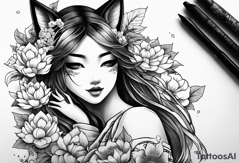 kitsune mask whit woman anime stiyle and  flowers tattoo idea