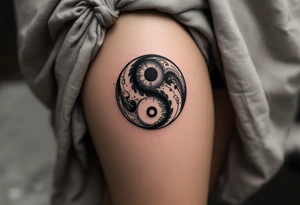 A small yin-yang inspired circle in matte black and bone white with subtle shading. tattoo idea