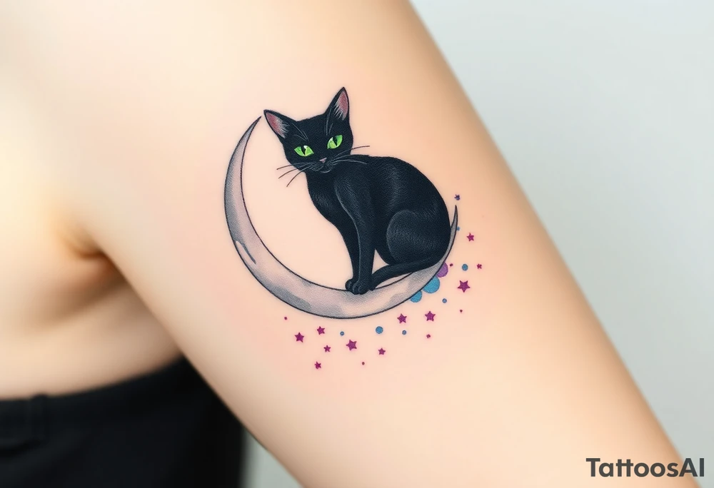A sleek black cat sitting gracefully on a crescent moon, surrounded by a field of small, glowing stars. The cat's eyes are a bright emerald green, creating a striking contrast against its dark fur. The moon is a soft silver with a subtle gradient, transitioning from pale gray at the top to white at the bottom. Around the stars, there are gentle watercolor splashes in shades of midnight blue and deep purple, giving the design a dreamy, cosmic feel. The tattoo would have a mystical, enchanting vibe, symbolizing independence, intuition, and mystery. tattoo idea