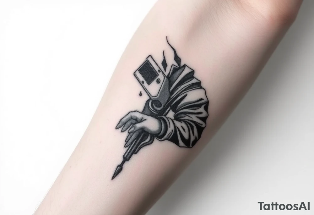 Tattoo for the top side of the forearm, black and gray, flash, hacker computer tech tattoo idea