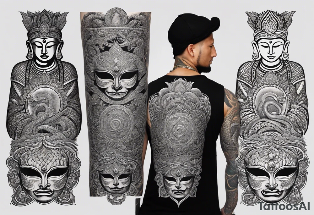 Full left arm tattoo. Below the elbow all black. In the bícep a buddhist endless knot. In the trícep a face of Buddha, half man half skull. On the shoulder a Lotus. Through the arm a kundalini snake, aerial view. As the snake enters the black part below the elbow snake in white. The head terminares near the wrist. Below the word dukkha in sanskrit tattoo idea