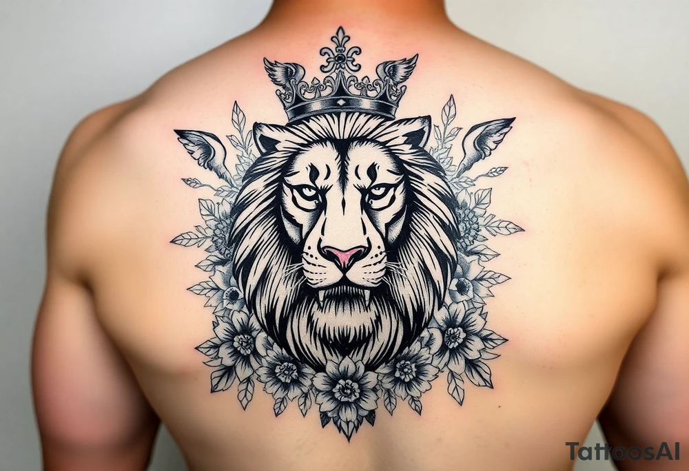 powerful majestic lion with a crown, surrounded by floral ornaments and birds tattoo idea