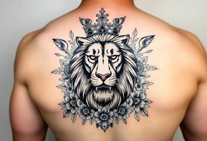 powerful majestic lion with a crown, surrounded by floral ornaments and birds tattoo idea