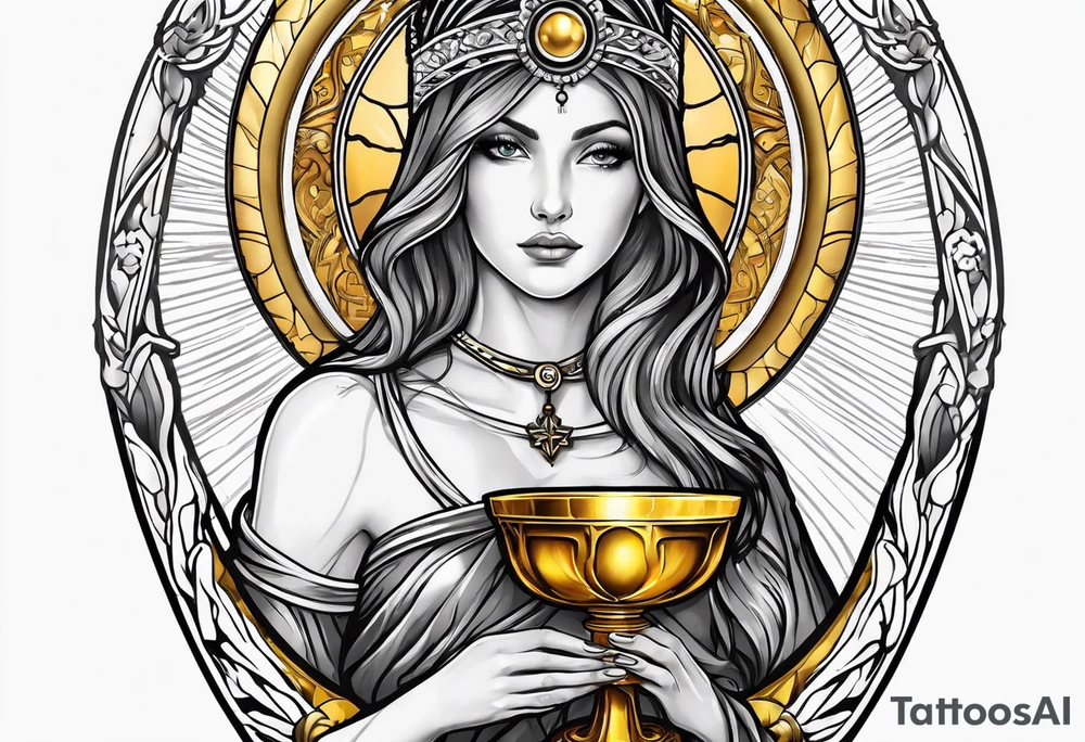 woman saint holding chalice surrounded by golden halo tattoo idea