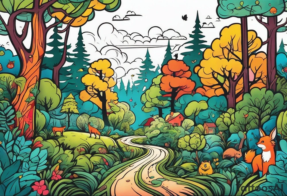 Forest with a lot of trees and animals walking tattoo idea